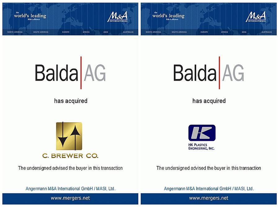MASI, Ltd. / Angermann M&A International MASI, Ltd. / Angerman M&A International German group Balda AG (Balda), which is listed on the Frankfurt Stock Exchange, has purchased 100% of the shares in C.
