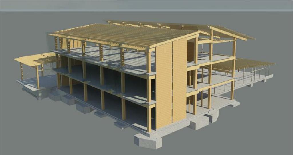 Figure 1. 3D view of the NMIT Arts and Media Building Structure. 1.2 Innovation in timber design NMIT represents a world first in terms of innovative timber technology and seismic design.