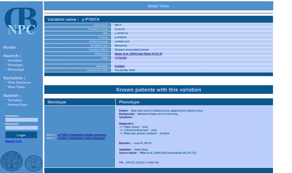 beneath detailed variant sequence information. By clicking on the allelic variant in the field Genotype of a compound-heterozygous patient, Detail view of the respective variant will appear. 4.