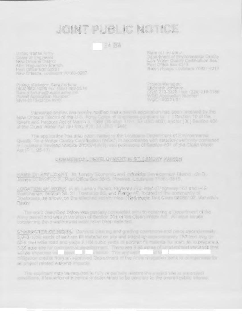 United States Army Corps of Engineers New Orleans District Attn : Regulatory Branch Post Off1ce Box 607 New Orleans, Louisiana 70160-07 JOINT PUBLIC NOTICE ~t:b 2 4 2014 State of Louisiana Department