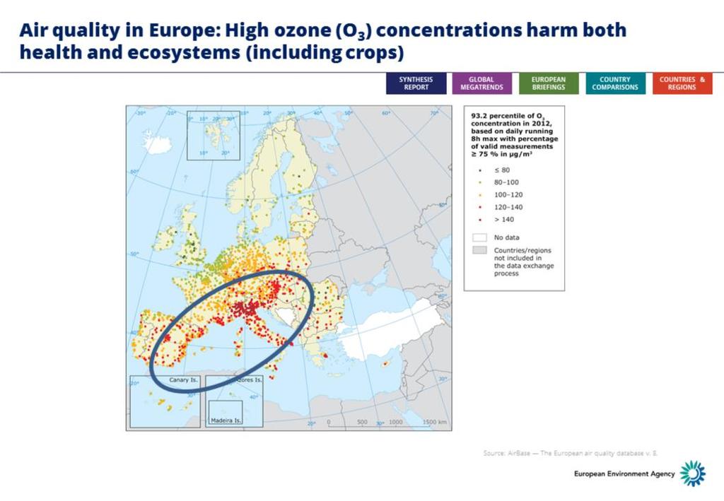 This map shows the concentrations of ozone O 3 at monitoring sites around Europe.