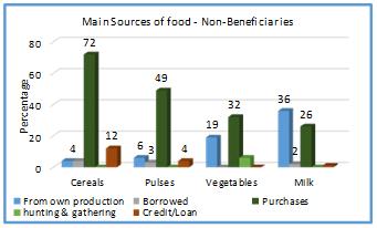 Purchasing food on credit was relatively important for beneficiaries where some 7% mentioned using credit for cereals and milk and 12% of nonbeneficiaries also used credit to obtain cereals.