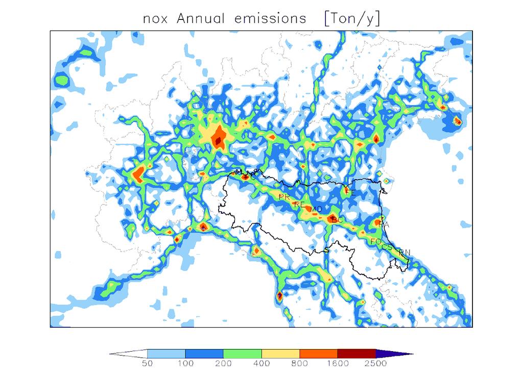 Emissions in Po Valley Highly populated area with several cities along the main roads.