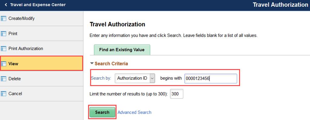 Use the Search Criteria options to identify and select the TA number.
