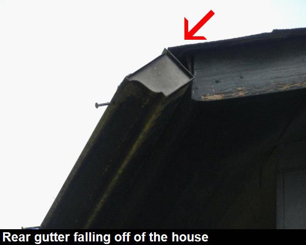 EXPOSED FLASHINGS: TYPE AND Metal, Rubber, GUTTERS & DOWNSPOUTS: TYPE & The lower roof gutters have been removed.