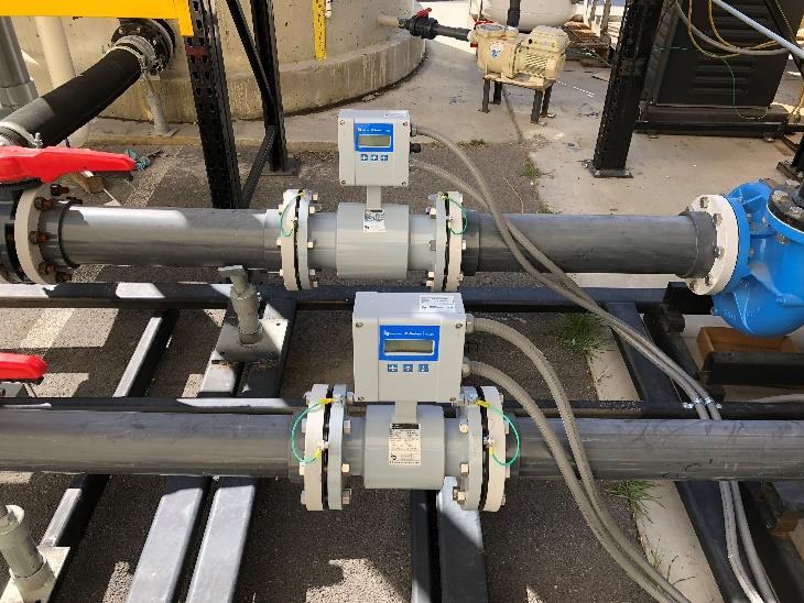 of the test unit is 10-inch PVC and the calibrated electromagnetic flow meters attached to the supply pumps serve as the primary flow measuring devices.