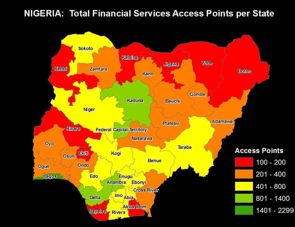 Total Financial Access Service Points Per State Total Number of Access Points = 16,536: Deposit Money Banks (5,765) Mobile Money Agents (4,225) Motor Parks (2,512)