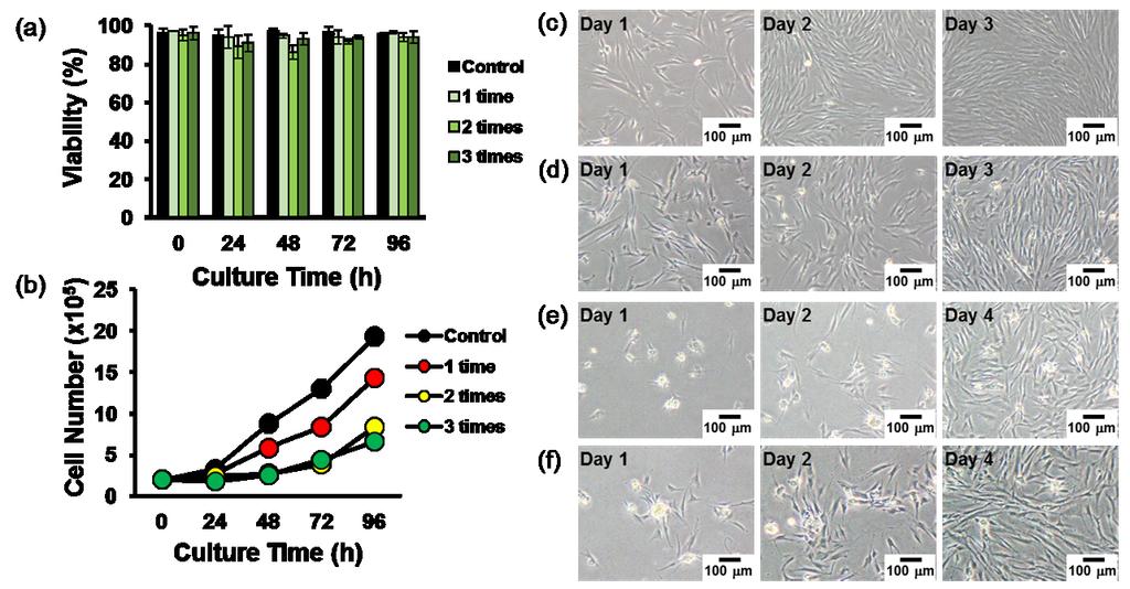 Page S8 Figure S7. Viability (a), proliferation curve (b), and phase contrast images (c-f) of NHDF cells with or without coating at 0.03 wt% collagen for one, two, and three times coating (n=3). 2.6.