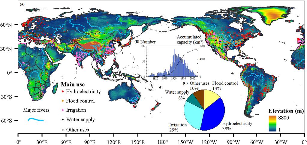 (A) Global map of 2815 large dams (related reservoirs and hydropower stations) developed from 1900 to 2010; (B) The number of