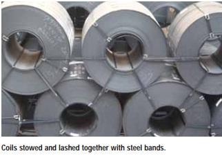 KNOW YOUR CARGO STEEL COILS Securing/Lashing The accepted method of securing coils is to lash them together core to core, with those on a second or third tier lashed to the two coils below, on which