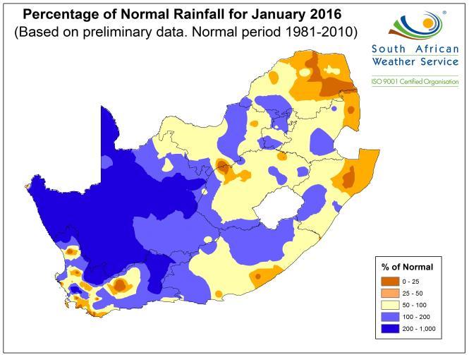 1. Weather conditions 1.1 Rainfall for January 2016 During January 2016, significant rainfall events were limited to most of the central regions of the country (Figure 1).