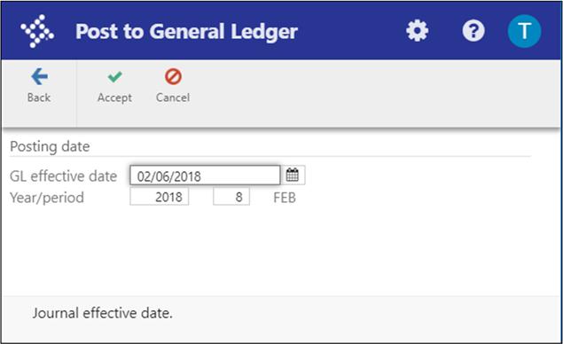 19. If you select Final Post Report and click OK, the program displays the Post to General Ledger screen. 20. Enter values in the GL Effective Date and Year/Period fields, and then click Accept.