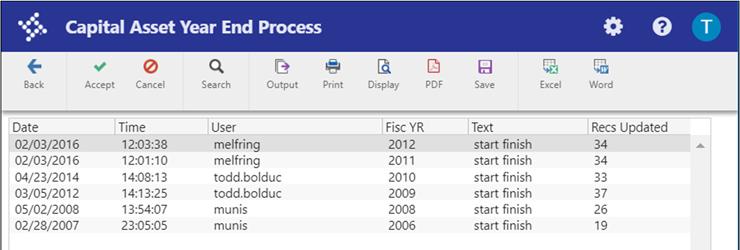 8. To confirm what years have been previously processed, from the main Capital Asset Year End Process screen, click Run History. The program displays a list.