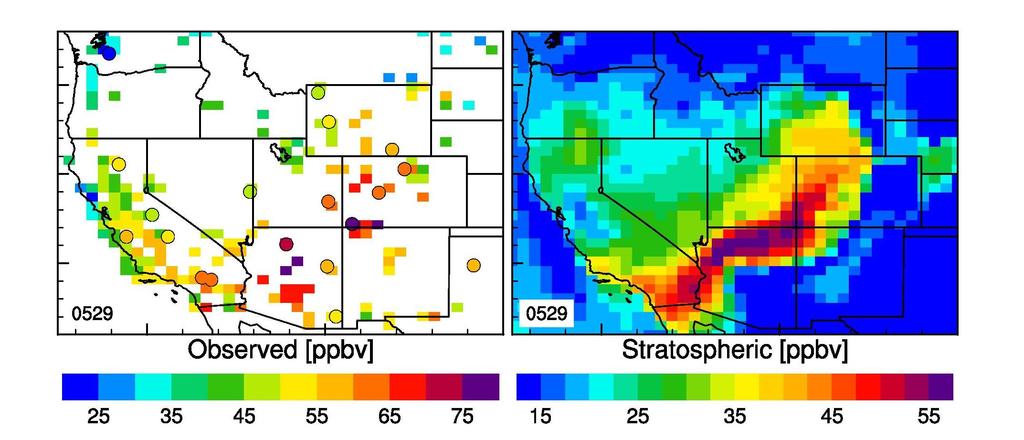 Transport of stratospheric O 3 to the surface (May 29, 2010) Observed Stratospheric (AM3) May 29 May 29 Daily max 8-hr O 3 [ppbv] O 3 S [ppbv] (w/ e90 tpp, Prather et al.