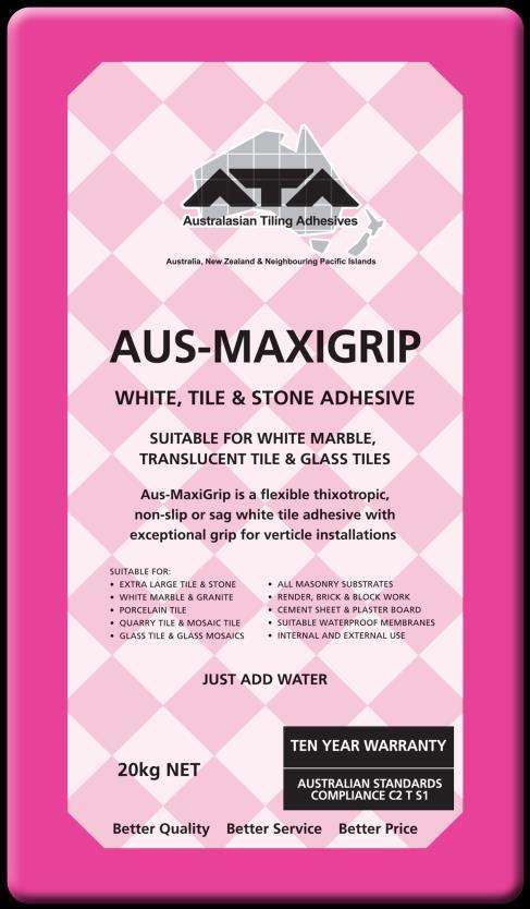 Aus-MaxiGrip: Has excellent working characteristics similar to a mastic but it will chemically cure suitable for large tile or stone on suitable waterproof membranes SUITABLE FOR: EXTRA LARGE TILE &