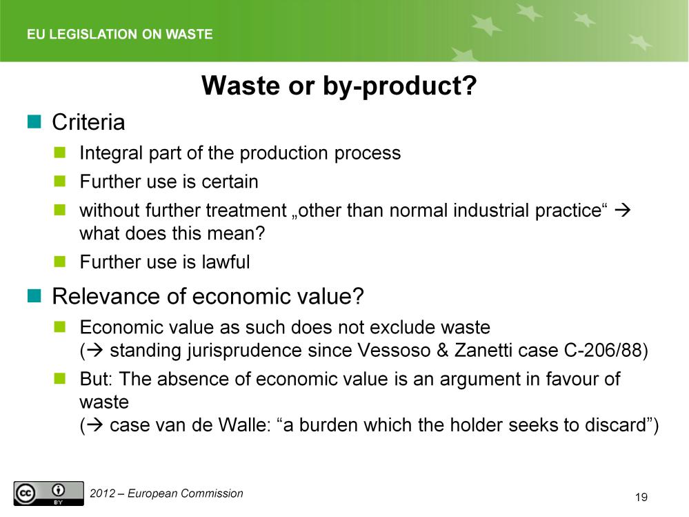 The slides sums up the criteria for differentiating waste from by-product