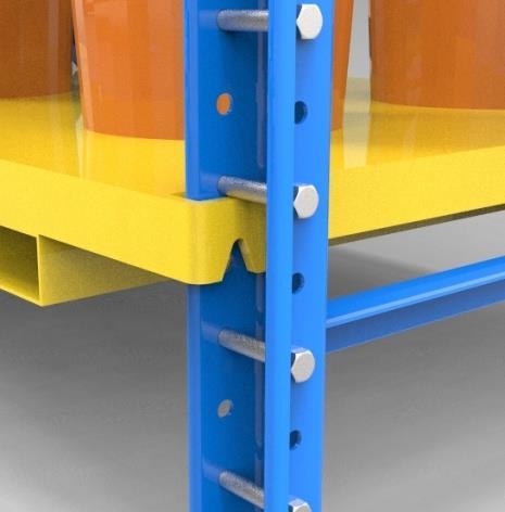 Once the pallet is fully set into the rack press the Hoist Down pushbutton partway to slowly lower the pallet onto the front Support Pins.