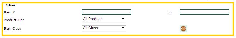 You can also search a range of items by part number or by Product Line or Item Class by selecting the appropriate code from the drop-down box.