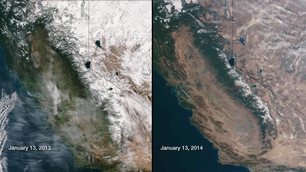 Figure 1: A comparison between the California-Nevada snowpack as of January 13th for 2013 and 2014 (NOAA National Climate Data Center) Strained water resources are not
