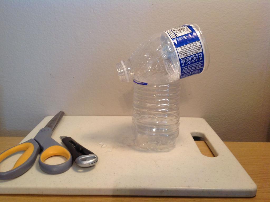 Cut the top off the plastic bottle so you make a funnel to hold the core.