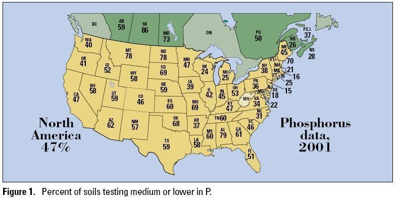 Mid-Atlantic region has a small percentage of low/medium levels of P.