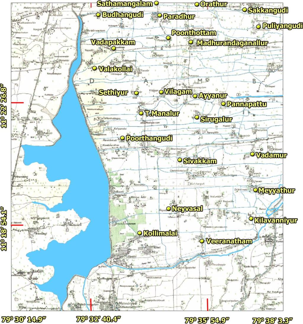 STUDY AREA The study area of Veeranam tank and its drainage basin is situated in between the Latitude of 11 o 15 E and 11 o 25 E and the Longitude of 79 o 30 N and 79 o 38 N.