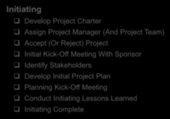 Initiating Pre-Project Common Processes, Tasks, and Activities Initiating Planning Executing Initiating Develop Project Charter Assign Project Manager (And Project Team) Accept (Or Reject) Project