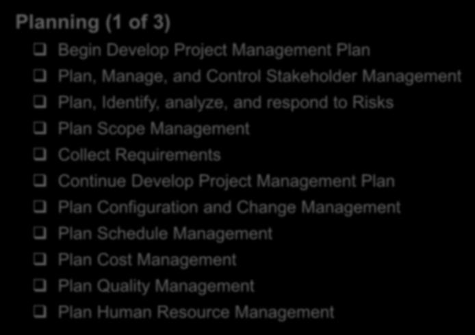 Planning Pre-Project Common Processes, Tasks, and Activities Initiating Planning Executing Closing Post-Project Planning (1 of 3) Begin Develop Project Management Plan Plan, Manage, and Control
