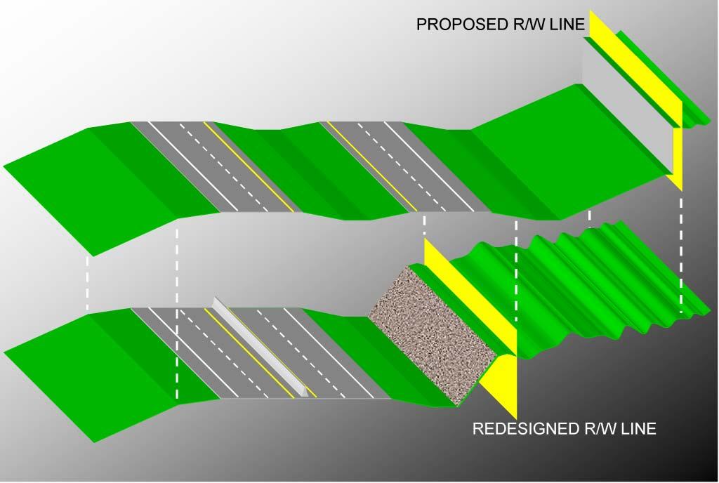 Practical Design Four-lane freeway proposed to improve traffic flow through major tourist area.