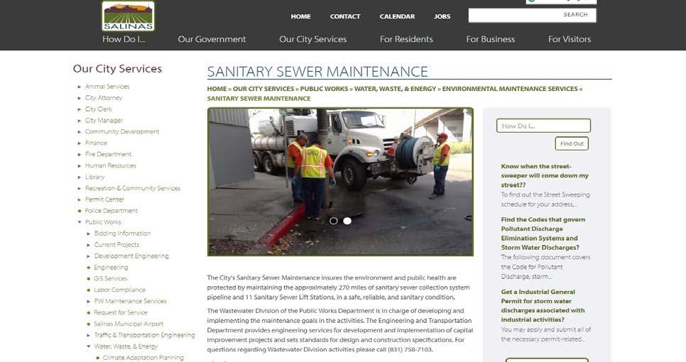 Sanitary Sewer Maintenance City Web Page GIS Web Design for Sanitary Sewer Systems During 218 collections staff worked with GIS staff to start developing a computerized maintenance
