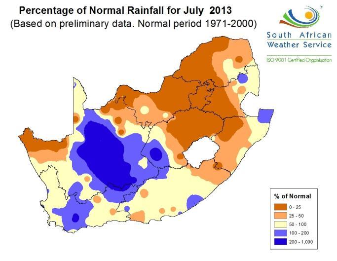 The majority of remaining areas received belownormal rainfall for the mentioned period. Figure 1: Rainfall (mm) for July 2013 Figure 2: Percentage rainfall for July 2013 1.