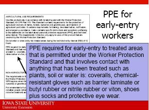 For this example product, the PPE required for early-entry to treated areas is: coveralls, chemicalresistant gloves such as