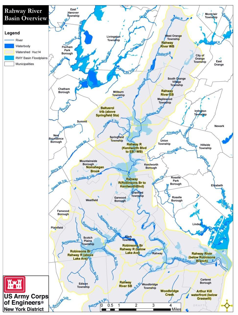 Study Area The Rahway River Basin has a drainage area of approximately 82 square miles and encompasses Essex, Union, and Middlesex counties.