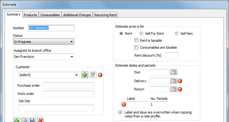 Enter any applicable Rent Discount % in Rent discount (%) Enter, Delivery and Return dates (required fields). These dates will display on the printed estimate. The Label and No.