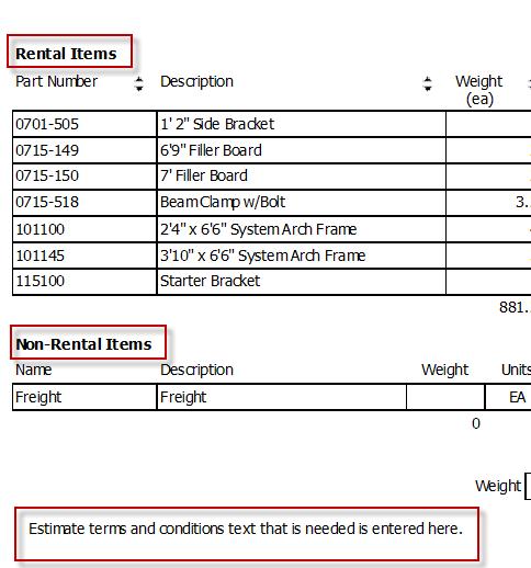 Enter text to default on printed Estimates as appropriate for these fields (as apply to Estimates): Label for additional charges Label for rental items Estimate terms: click the button to enter terms