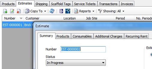 The new estimate is a copy of the selected estimate with a new Estimate number. Edit information on the Summary, Products and Additional Charges tabs for the new Estimate.