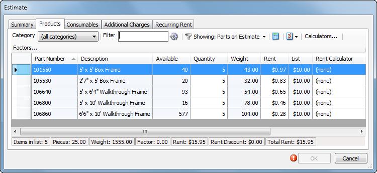 The View filter defaults to Showing: Parts on Estimate, and displays the parts and counts currently at the Job Site. Update counts and parts as needed for this estimate.