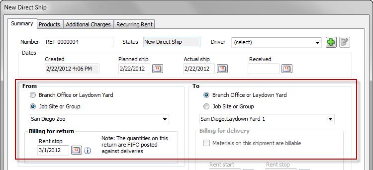 On the Shipping Tab, click the SHIP ITEMS TO A LOCATION button. This will launch the New Direct Ship dialog. The New Direct Ship dialog has been set up for a Return.