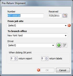 Select the number of copies of the return report and return labels to print as needed. Click the OK button when ready.