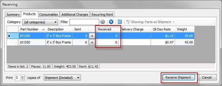 The Receiving dialog shows the equipment included in this shipment that is waiting to be received.