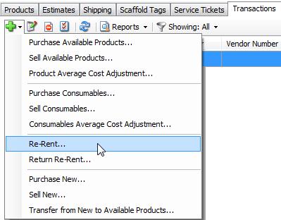 Adding Re-Rent equipment to inventory Select the ADD button on the Transactions tab and select Re-Rent This launches the Re-Rent dialog.