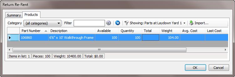 Select the vendor from the Vendor drop down. The Products tab displays the equipment rented from the Vendor selected on the Summary tab. Enter the count of items to be returned in the Quantity column.