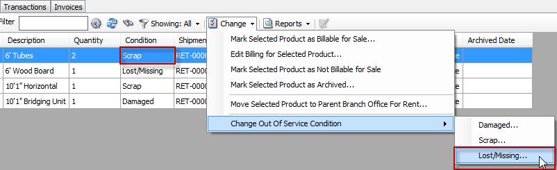 Changing the Out of Service Condition for a Product When a Product is added to the Out of Service queue, a condition status is assigned.