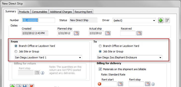 The right-click method prepopulates the From and To sections of the Direct Ship dialog. Location sections may be updated as required.