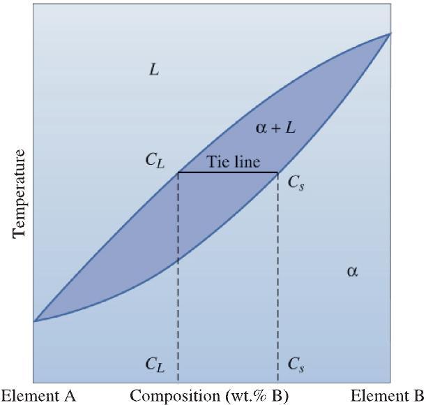 19 A hypothetical binary phase diagram between elements A and B.