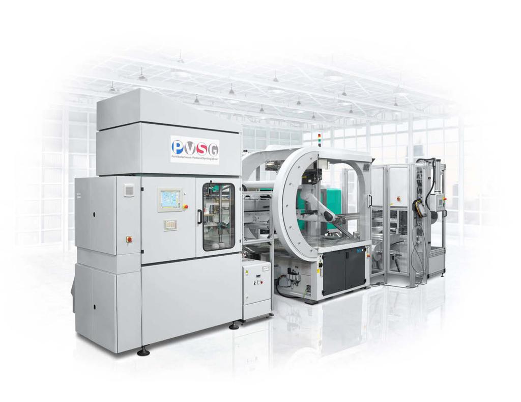 Compact production cell: the foaming system and ALLROUNDER are linked. Gentle handling: the robotic system positions foamed inserts precisely within the mould.