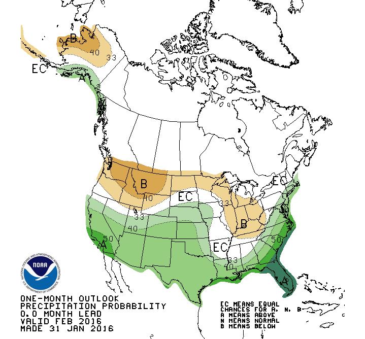 California rainfall to increase 30 day forecast calling for slightly above average (Northern CA) to above average (Southern