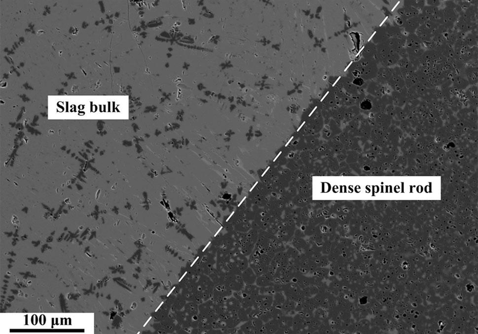 12 SEM image of a dense spinel rod with slag rotated at the speed of 100 rpm after 10 min.