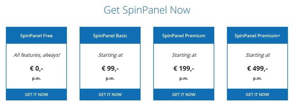 $ $ $ $ SpinPanel pricing is based on a fixed price per month and $ 1,- per registered Azure Active Directory tenant. SpinPanel subscriptions will continue month-to-month until terminated.