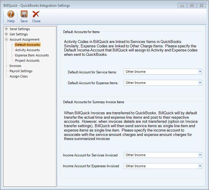 Initial Integration 6. Next, select other sync settings on the left and make the desired assignments: Assign accounts to BillQuick invoice items (See Invoices for more information.